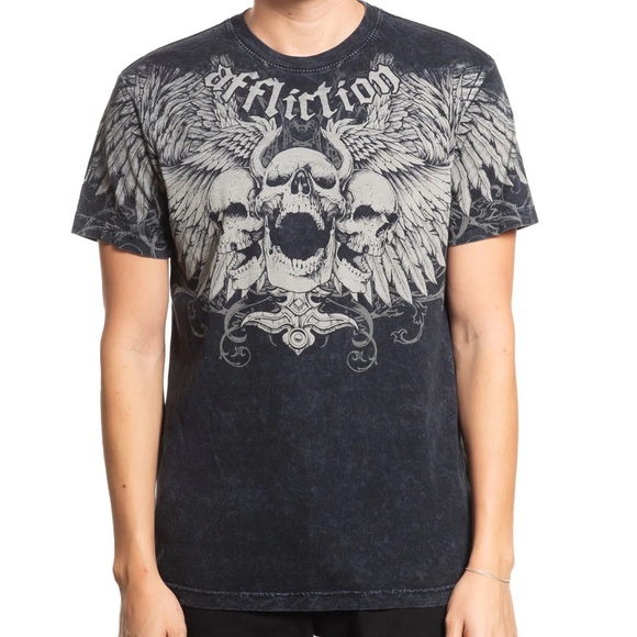 Affliction Men’s Medium Black Crew neck Skull With Angel Wings Short Sleeve Tee - Picture 1 of 7
